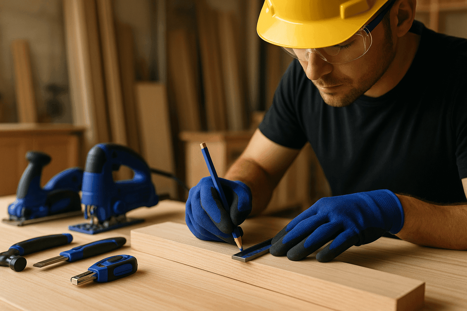 Gloved hands of a carpenter measuring wood plank in a clean residential carpentry workshop