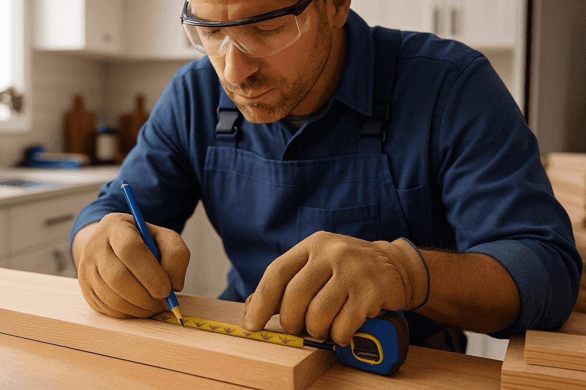 Carpenter's gloved hands marking wood plank in modern residential kitchen workspace