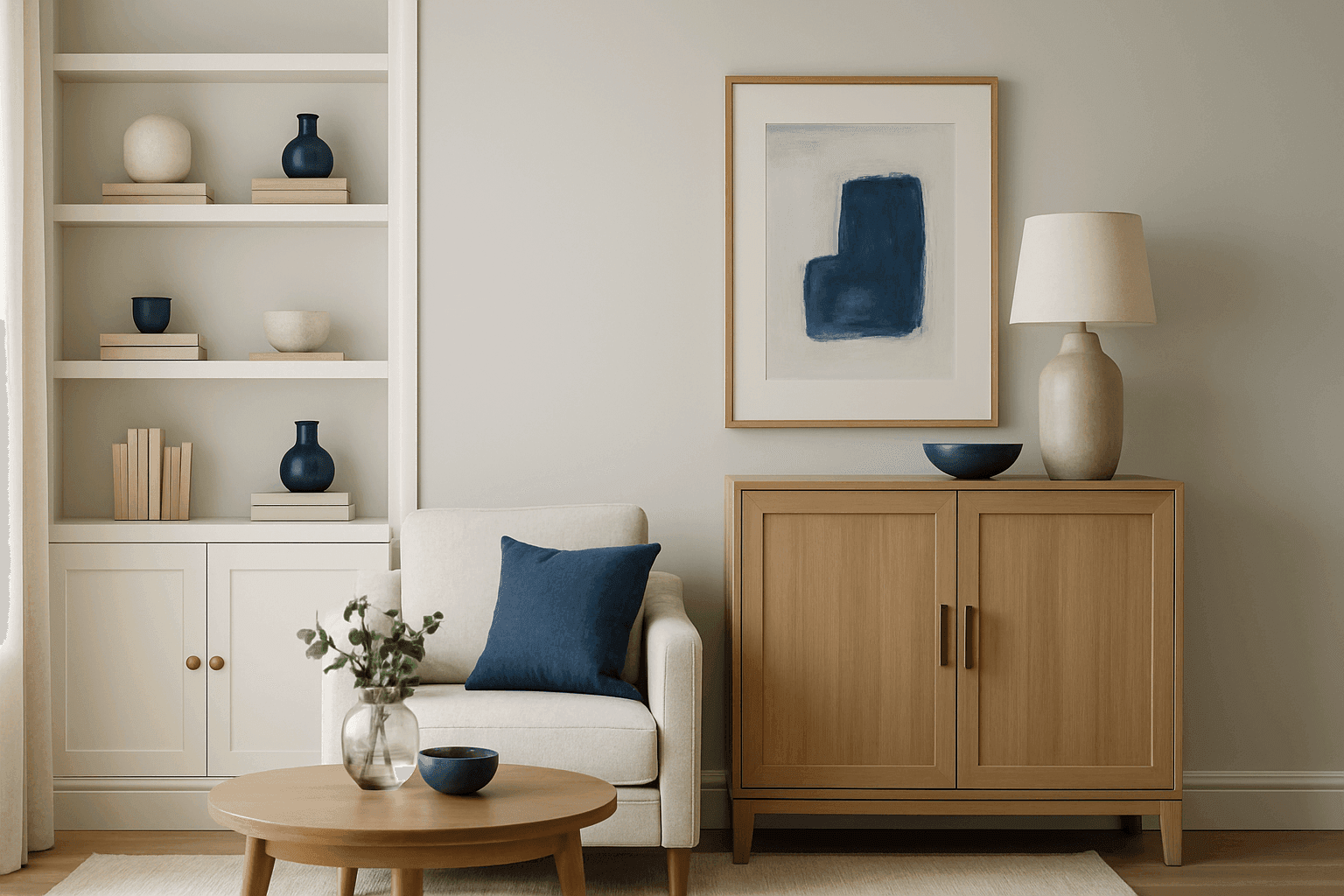 Built-in shelving unit and freestanding cabinet in modern living room