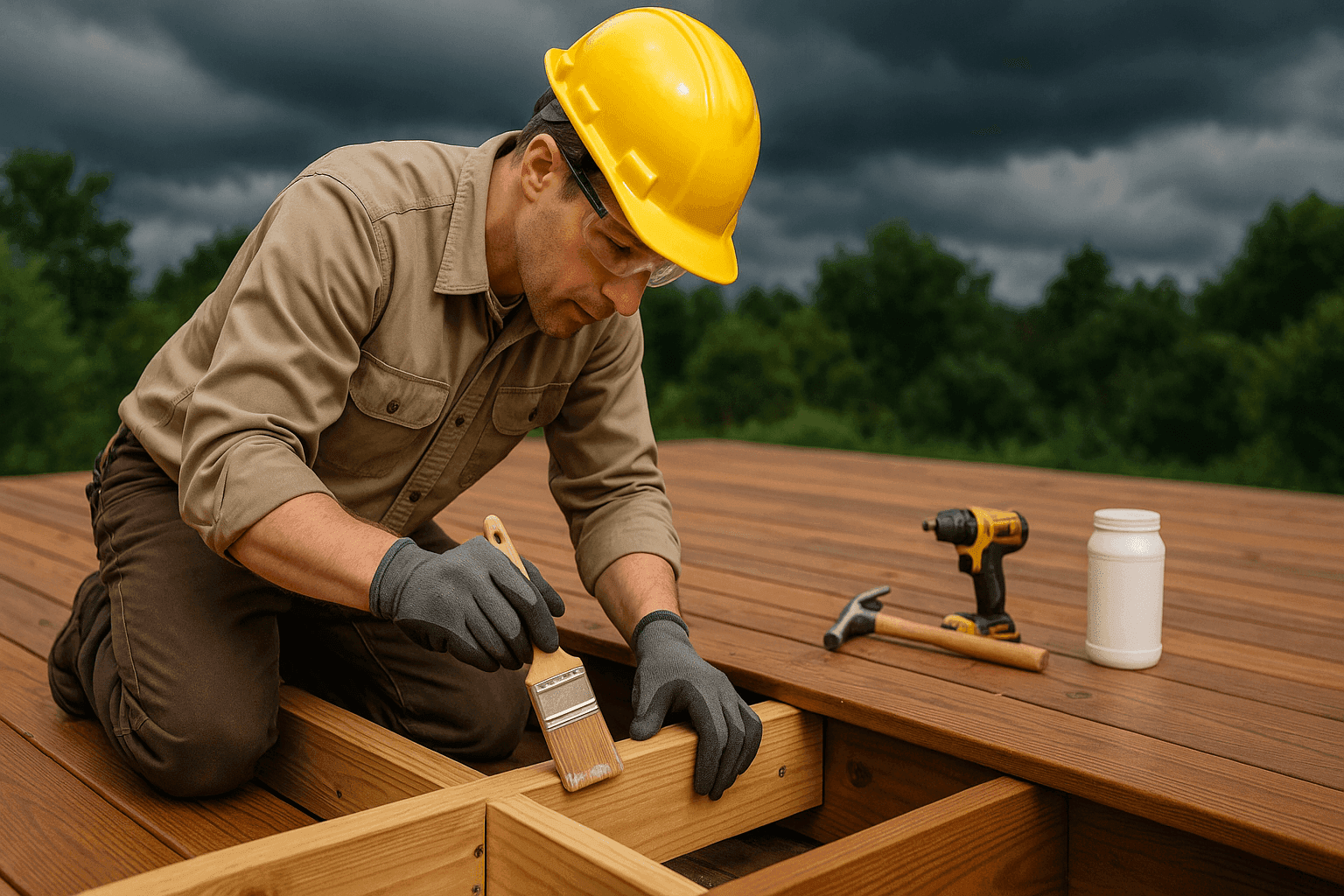 Carpenter reinforcing outdoor deck before a storm