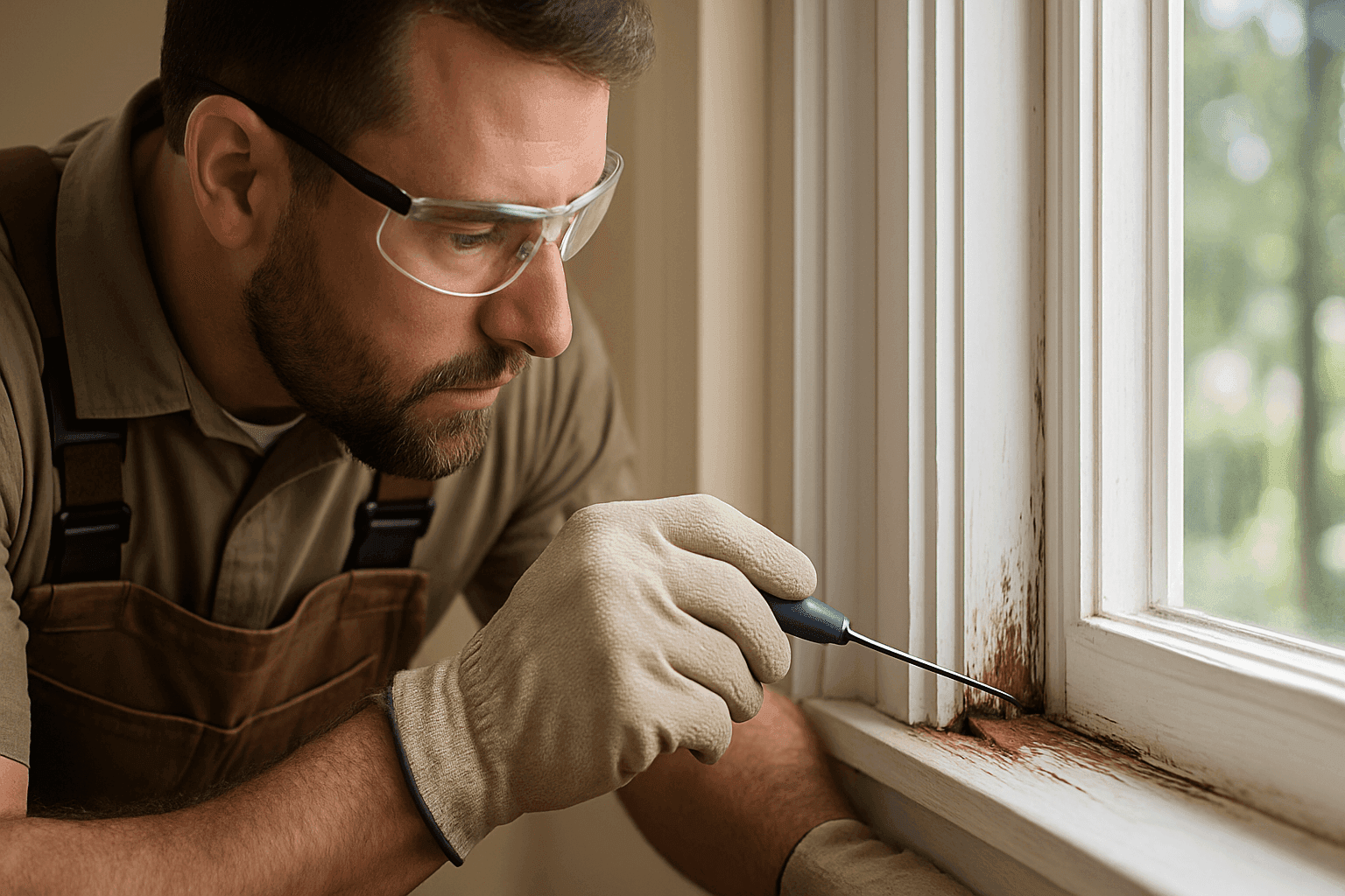 Closeup of carpenter inspecting wood rot on window frame