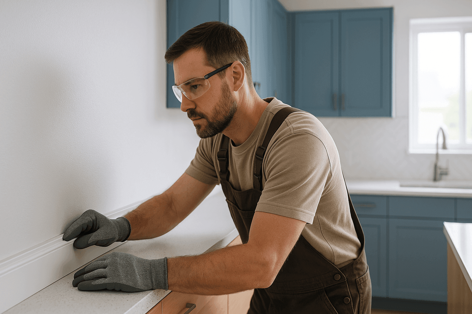 Carpenter installing precise trim in a modern, clean kitchen