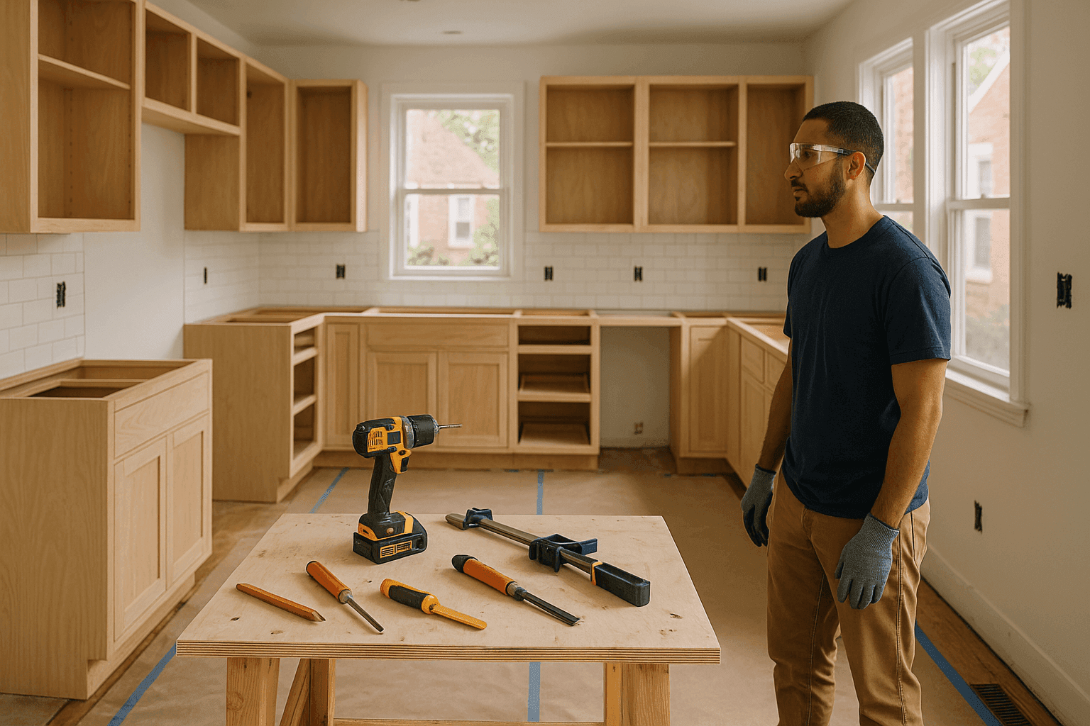 Modern kitchen under renovation with tools and cabinets